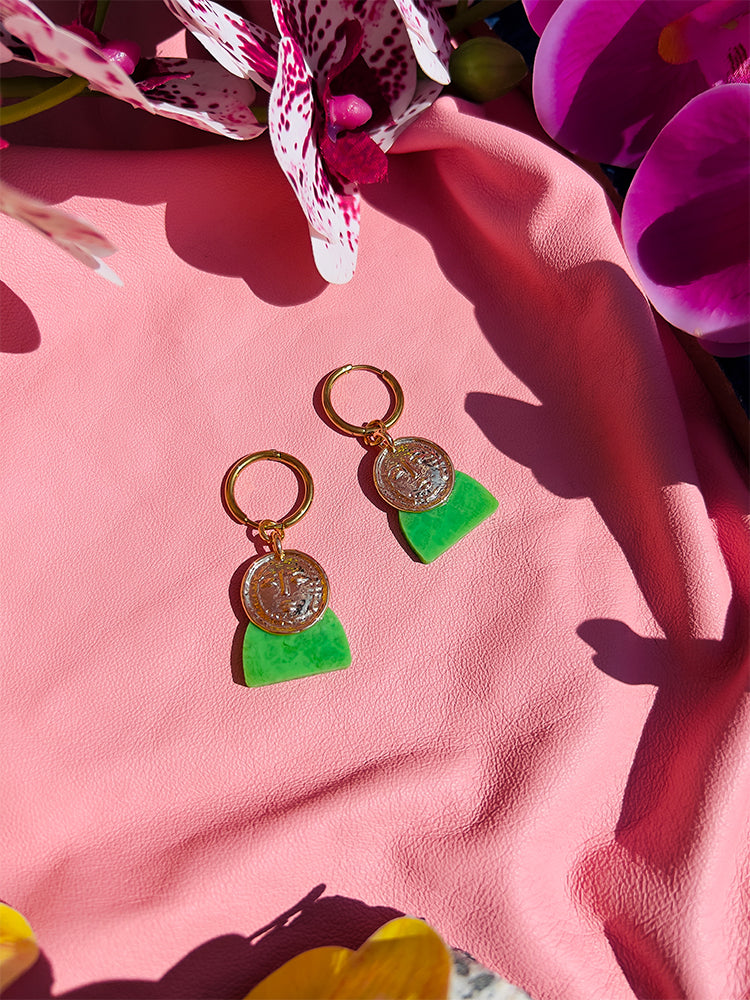Ancient Friends | Leaf Green – handmade mini earrings, perfect for adding a pop of charm to your everyday jewellery collection - styled shot