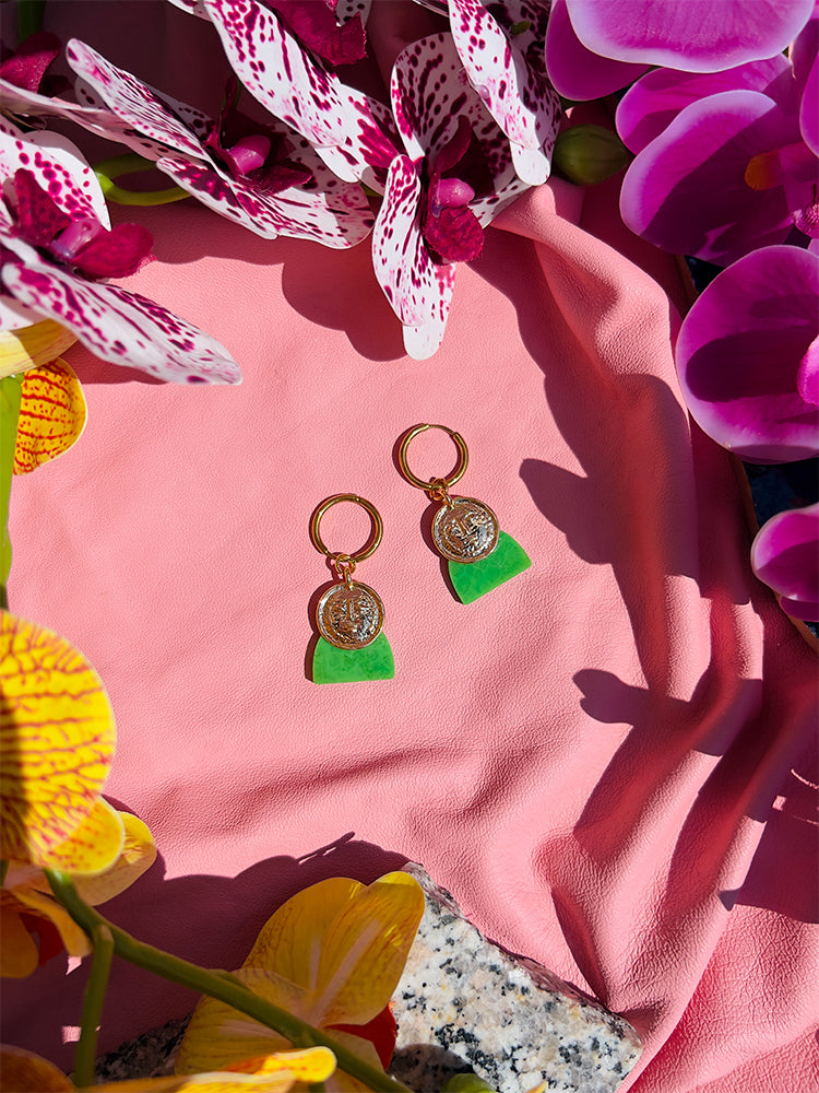 Ancient Friends | Leaf Green – handmade earrings that add the perfect balance of intrigue and style to any outfit - styled shot