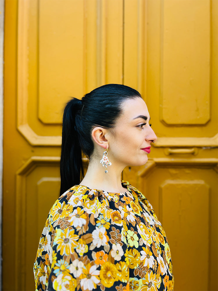 Cat Lover | Black & White | Crazy Quilt - Stylish handmade earrings with a cat-inspired motif, designed to add personality and charm to your look - photo model - Italy 