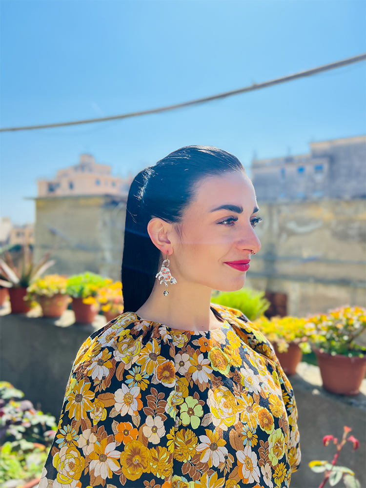 Cat Lover | Black & White | Crazy Quilt - A delightful pair of handmade earrings, with a fun cat design that adds a playful touch to your style - photo model - Italy 