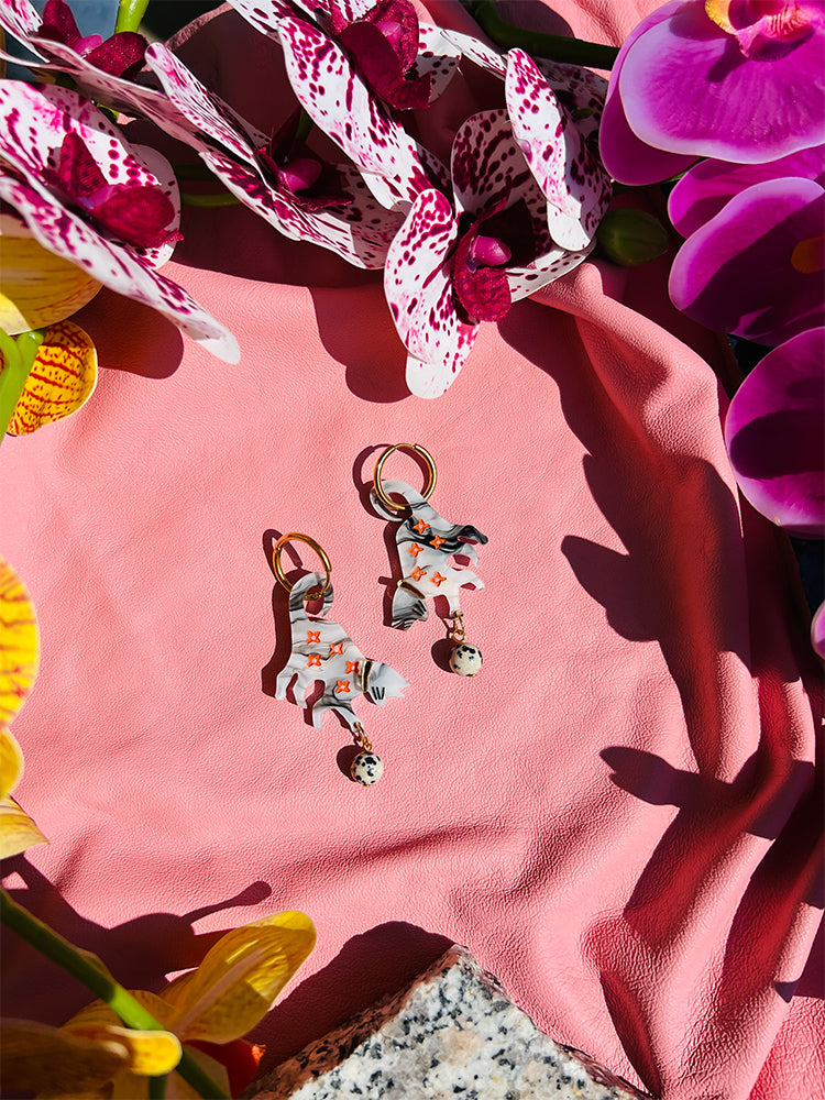 Cat Lover | Black & White | Crazy Quilt - A stunning pair of handmade earrings with a bold black and white design, ideal for cat enthusiasts - styled shot 