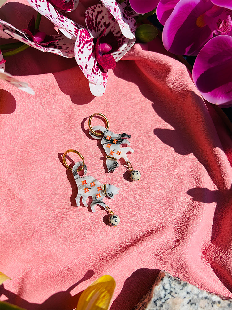 Cat Lover | Black & White | Crazy Quilt - Handmade earrings that combine the love for cats with bold, modern design, perfect for animal lovers - styled shot 