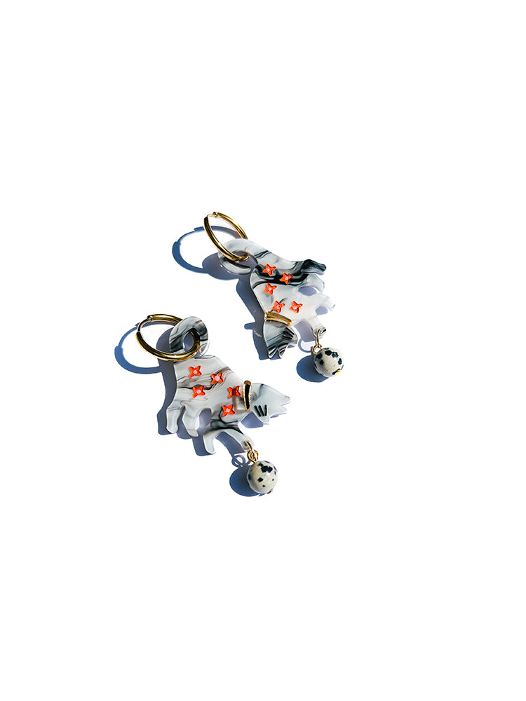 Cat Lover | Black & White | Crazy Quilt - These handmade earrings with a unique black and white cat design are the perfect addition to any outfit - top view