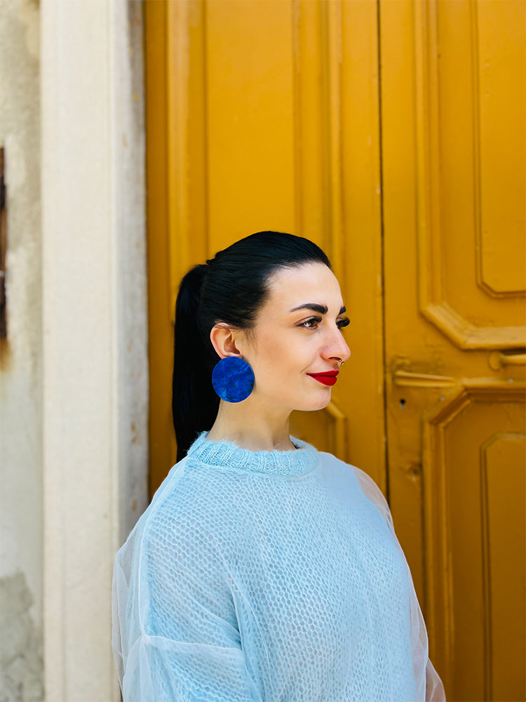 Circle | Statement Stud | Deep Blue earrings: handmade statement earrings with a vibrant deep blue circular design, perfect for lovers of bold, minimalist jewellery - photo model - Italy 
