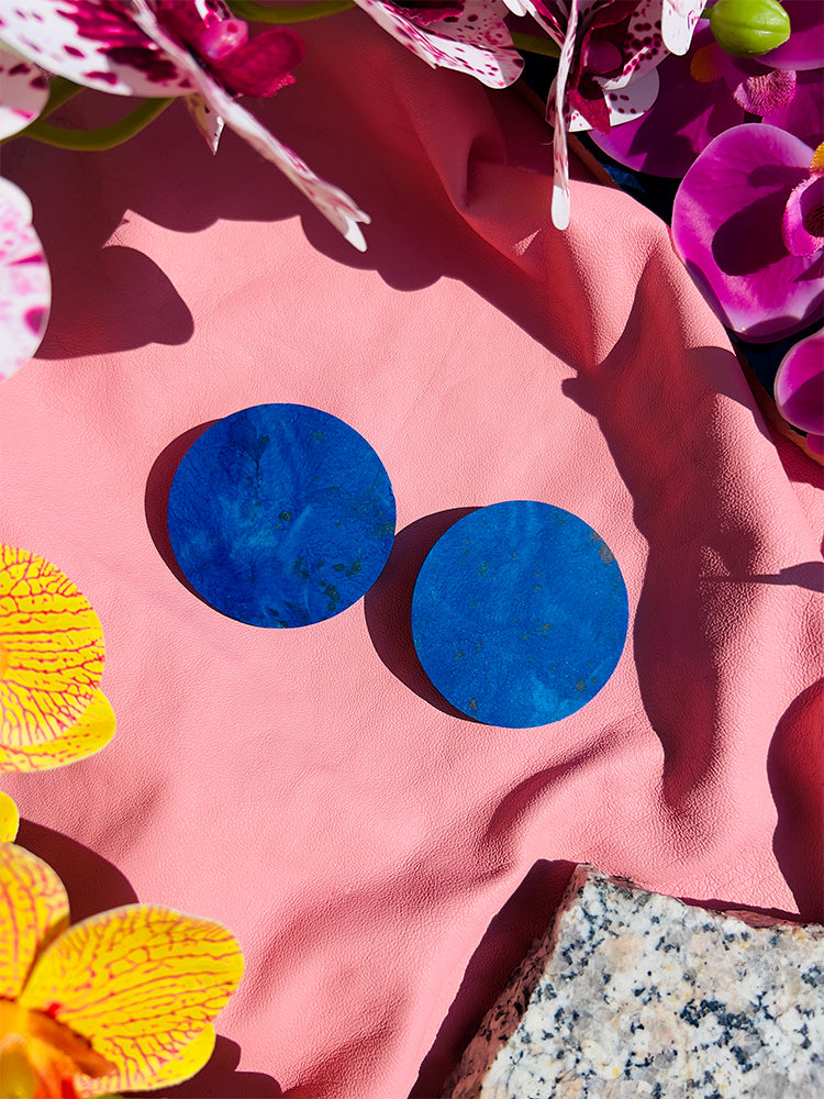 Circle | Statement Stud | Deep Blue earrings: unique handmade earrings with a striking deep blue circle, perfect for adding a touch of sophistication to your look - styled shot 