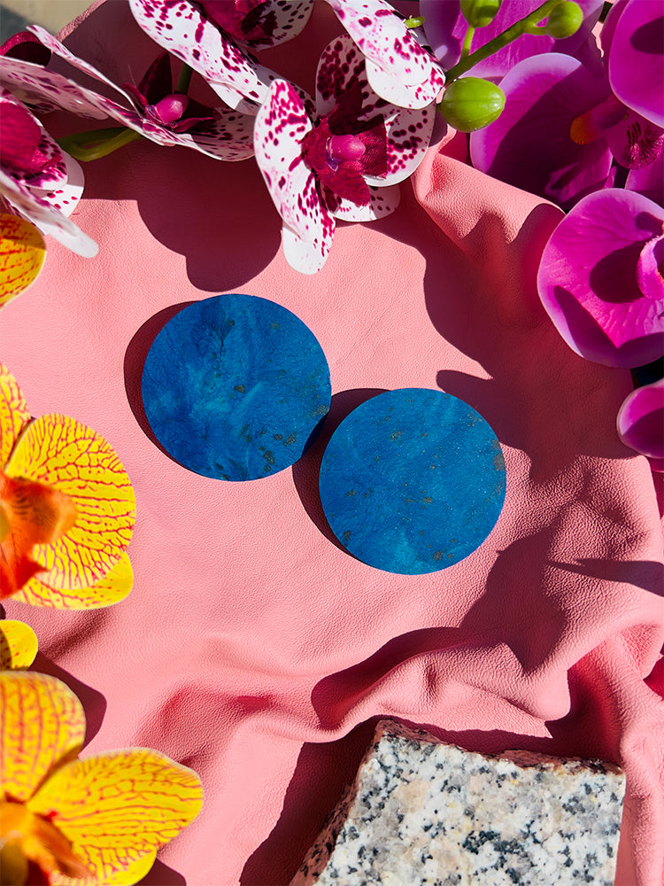 Handmade Circle | Statement Stud | Deep Blue earrings: modern earrings with a striking deep blue circle, offering a unique blend of elegance and boldness - styled shot 