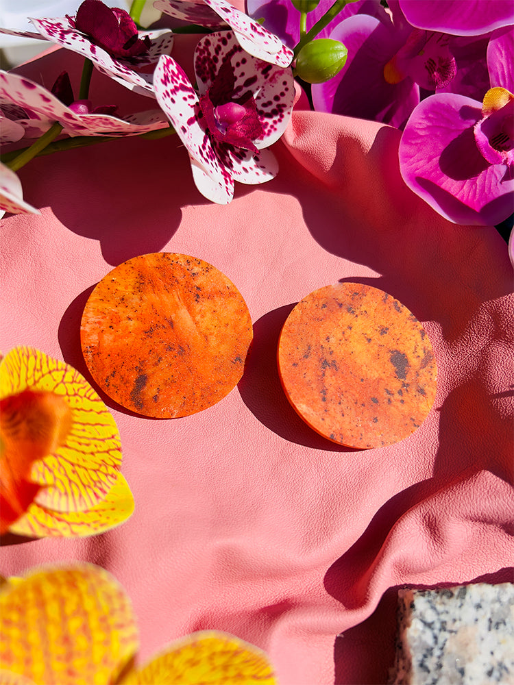 Circle | Statement Stud | Desert Orange earrings: stunning handmade earrings featuring a bold desert orange circle, perfect for a bold, contemporary style - styled shot 