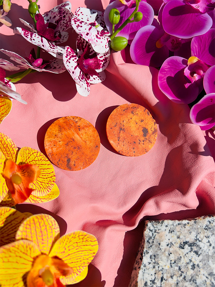 Handmade Circle | Statement Stud | Desert Orange earrings: bold and unique earrings with a striking desert orange circle, ideal for jewellery lovers seeking standout pieces - styled shot 