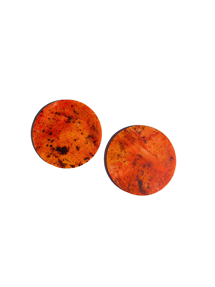 Circle | Statement Stud | Desert Orange earrings: handmade earrings featuring a bold and colourful desert orange circle, perfect for adding personality to any outfit - top view