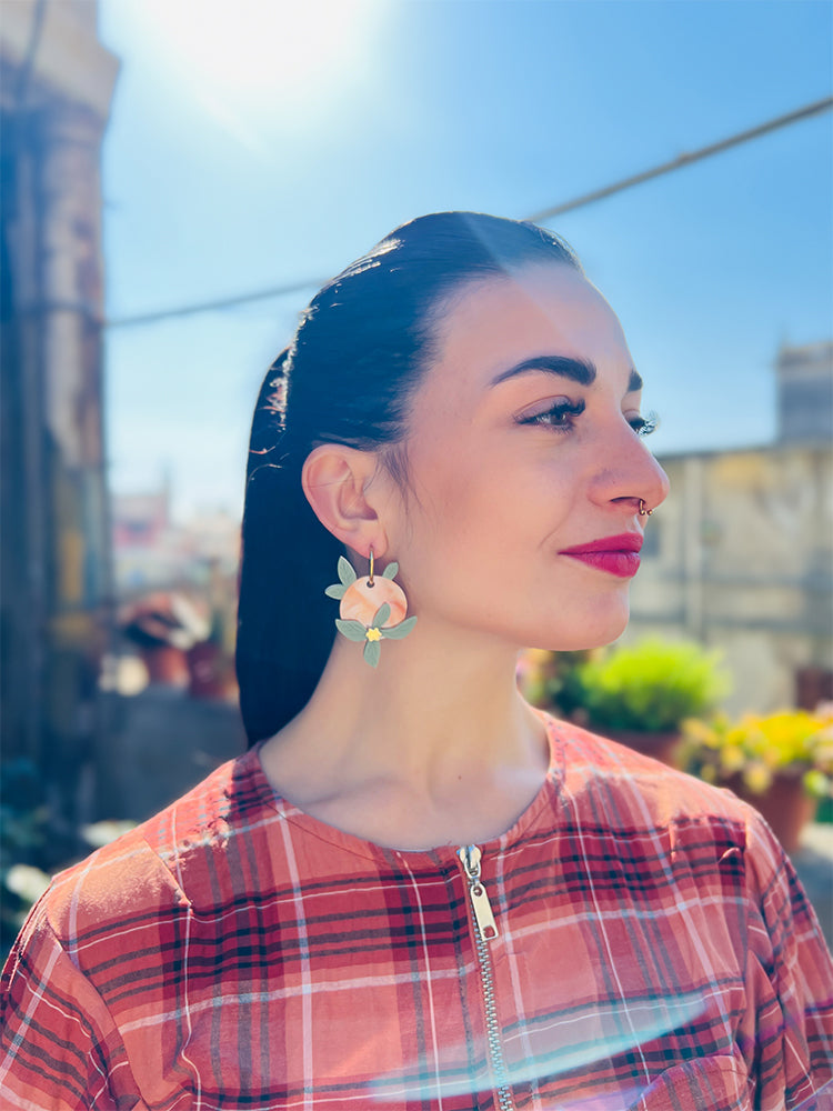 Citrus Garden | Crazy Quilt - Handmade earrings that showcase a stunning blend of bold colours and intricate design, inspired by citrus gardens - photo model - Italy 