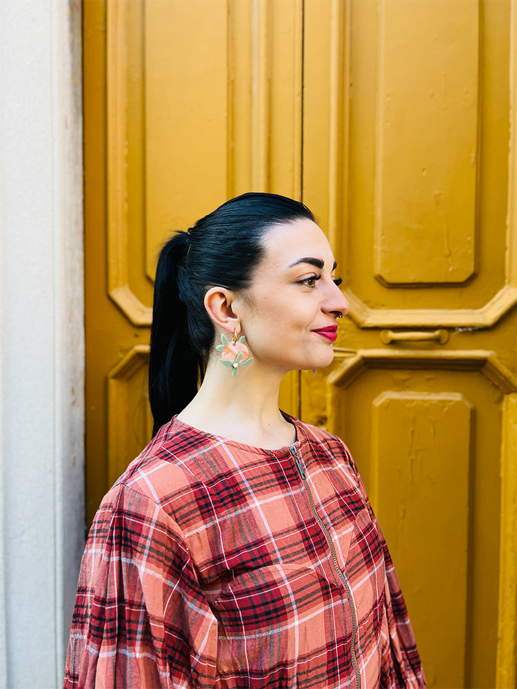 Citrus Garden | Crazy Quilt - Handmade earrings featuring intricate patterns and a refreshing citrus colour palette for a chic and modern look - photo model - Italy 