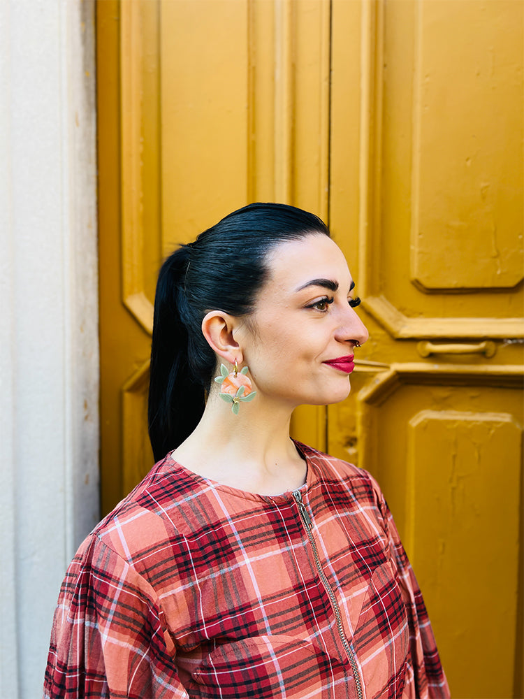 Citrus Garden | Crazy Quilt - A beautiful pair of handmade earrings featuring a hidden hand-painted design inspired by citrus fruits - photo model - Italy 