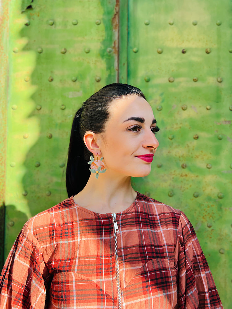 Citrus Garden | Crazy Quilt - A perfect fusion of nature and artistry, these handmade earrings are inspired by the bright colours of citrus gardens - photo model - Italy 