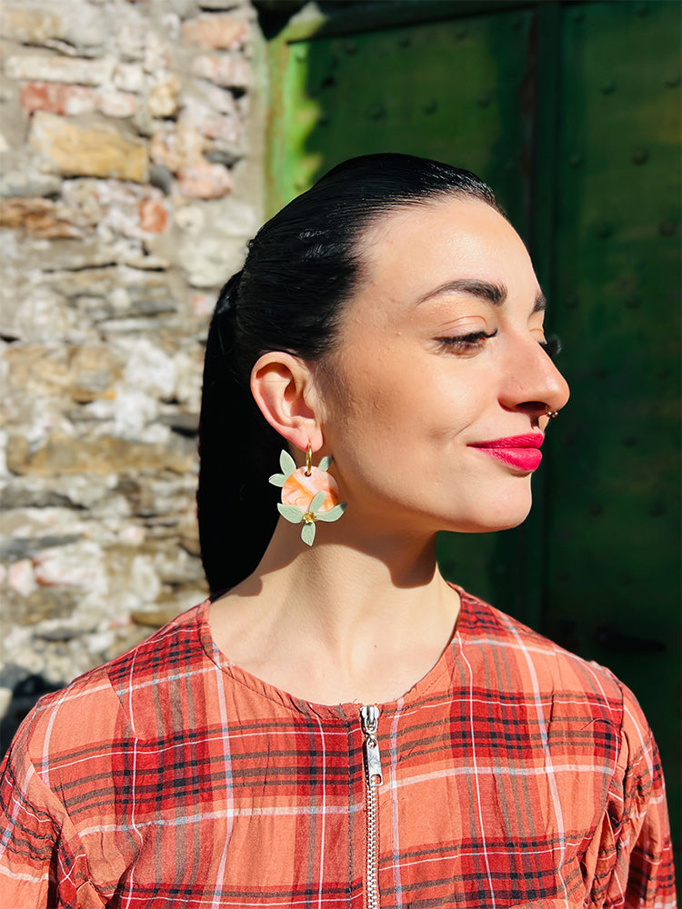 Citrus Garden | Crazy Quilt - Handmade earrings that add a pop of citrus-inspired colour to any outfit, designed for a bold, stylish look - photo model - Italy 