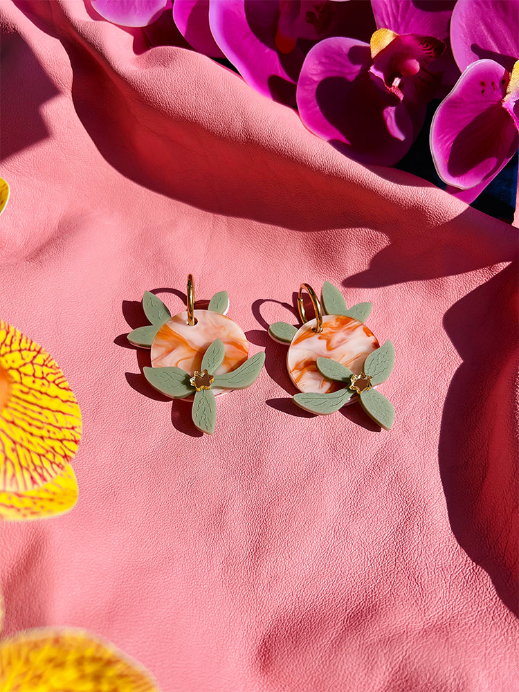 Citrus Garden | Crazy Quilt - A perfect blend of artistic design and vibrant citrus hues, these handmade earrings make a statement - styled shot 
