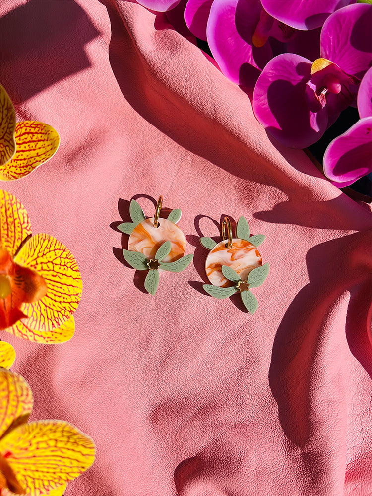Citrus Garden | Crazy Quilt - A bold and bright pair of handmade earrings, inspired by the colourful world of citrus gardens -styled shot 