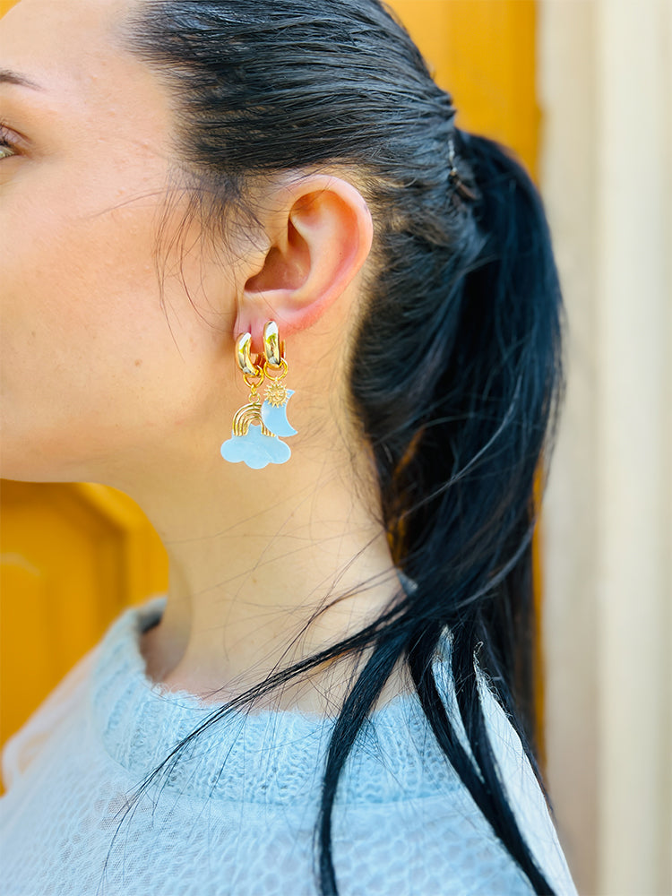 Handmade Clouds in the Sky | Stacker Hoop Set with sky-inspired mini drops, adding a whimsical touch to your jewellery collection - photo model - Italy