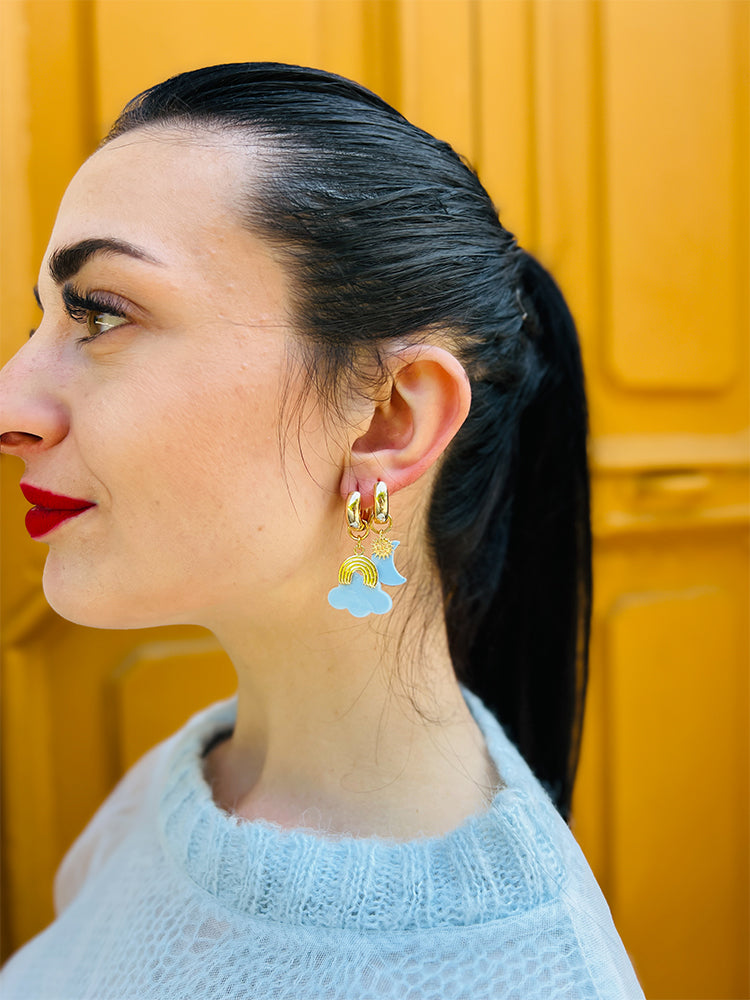 Clouds in the Sky | Stacker Hoop Set – Handmade Earrings with two pairs of mini drops, perfect for adding a playful and dreamy feel to any outfit - photo - Model Italy