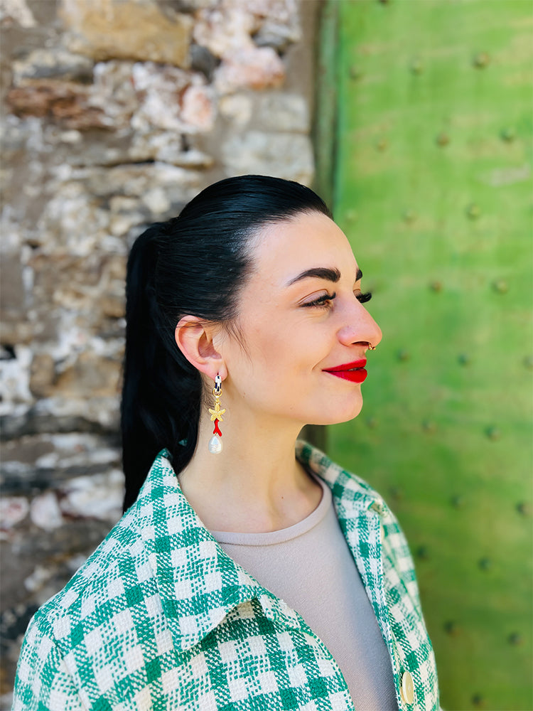 Starfish Reef | Huggie Hoop earrings: unique handmade earrings with a coral reef design, featuring irregular pearls and a vibrant drop of colour, perfect for those seeking natural, statement jewellery - photo model , Italy