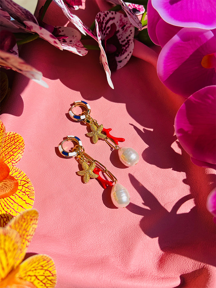 Starfish Reef | Huggie Hoop earrings: coral reef-inspired handmade earrings featuring irregular pearls and a colourful drop, ideal for those who love unique, statement jewellery pieces with a touch of nature - styled shot 