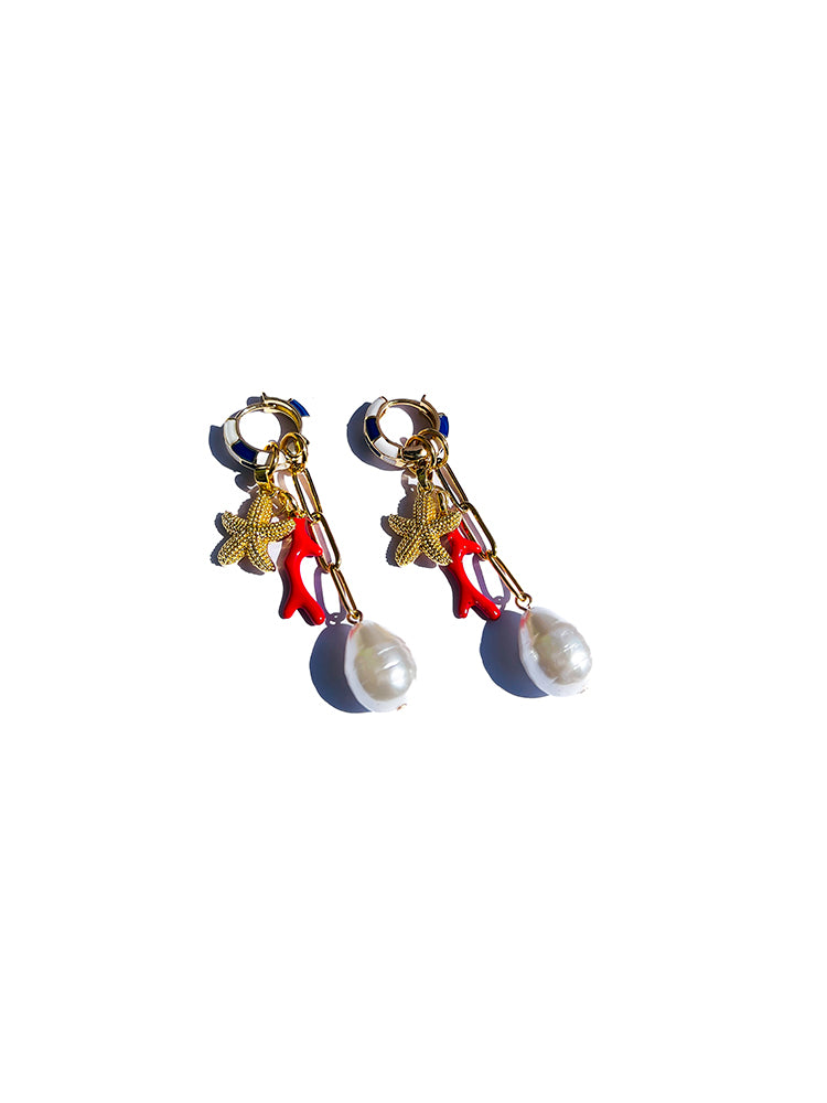 Handmade Starfish Reef | Huggie Hoop earrings: delicate earrings with an imperfectly perfect pearl drop and vibrant colour, inspired by coral reefs, perfect for lovers of nature-inspired jewellery - top view