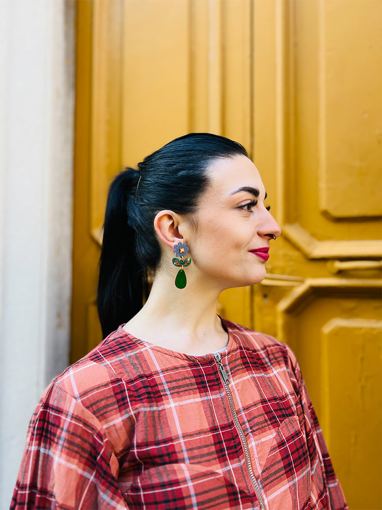 Crazy Quilt Bloom Midi earrings in Blue, handmade with intricate embroidery details, perfect for adding a chic, modern touch to your style - photo Model - Italy