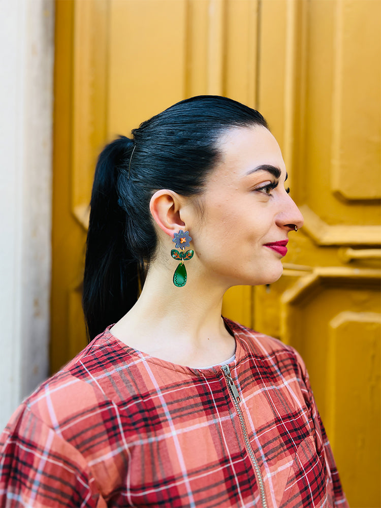 Crazy Quilt Bloom Midi earrings in Blue, handmade with intricate embroidery details, perfect for adding a chic, modern touch to your style - Photo Model - Italy