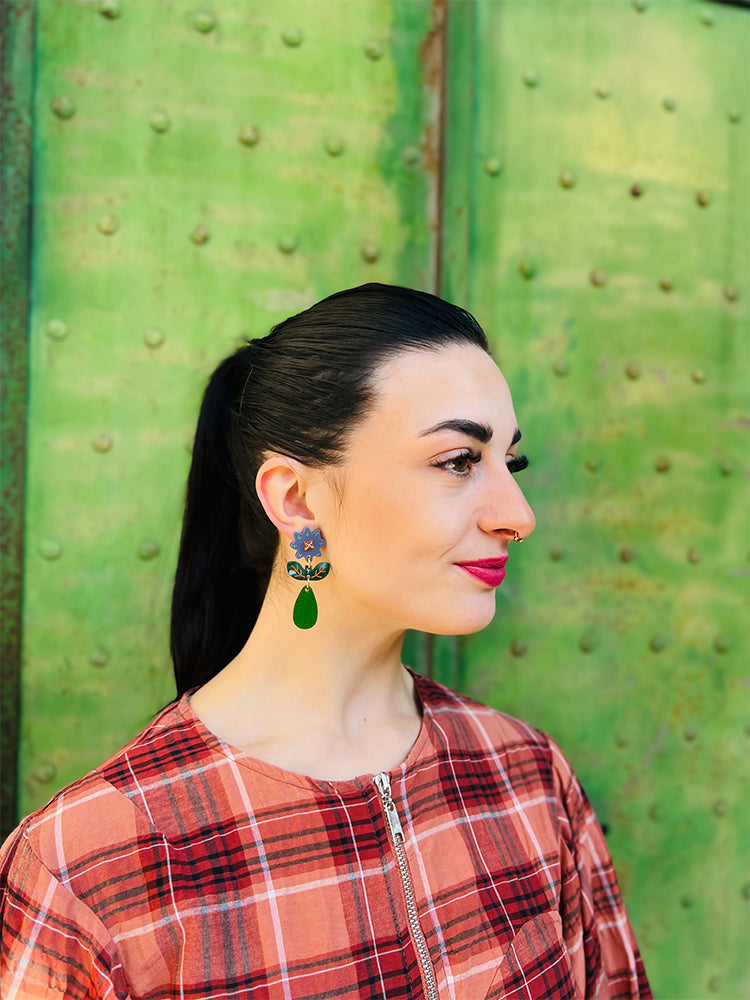 Handmade earrings Crazy Quilt Bloom Midi in Blue, featuring an intricate design inspired by embroidery, ideal for a stylish, original look - photo Model - Italy