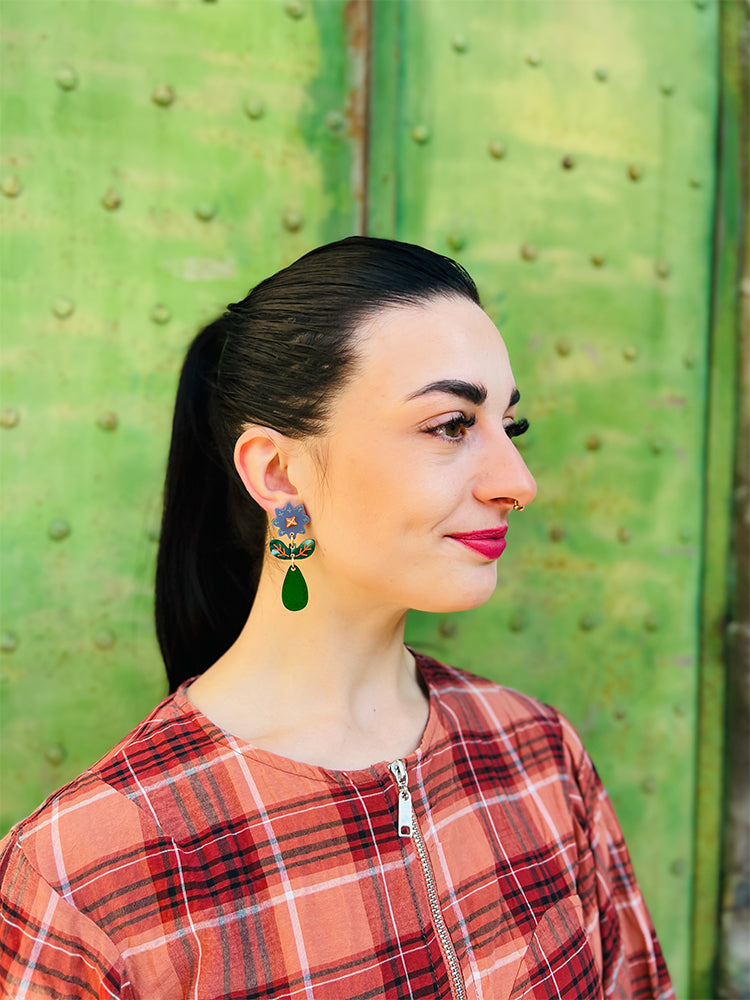 Handmade earrings Crazy Quilt Bloom Midi in Blue, crafted from premium materials for an elegant and unique style - photo Model - Italy