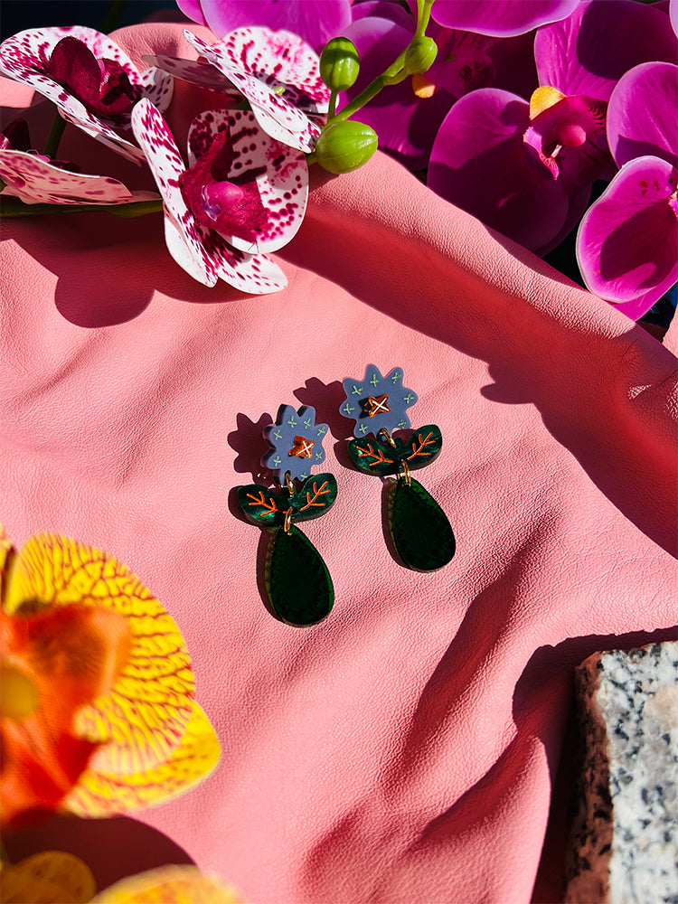 Crazy Quilt Bloom Midi earrings in Blue, handmade with a design that pays tribute to traditional embroidery. A one-of-a-kind piece of handmade jewellery - styled shot - Italy