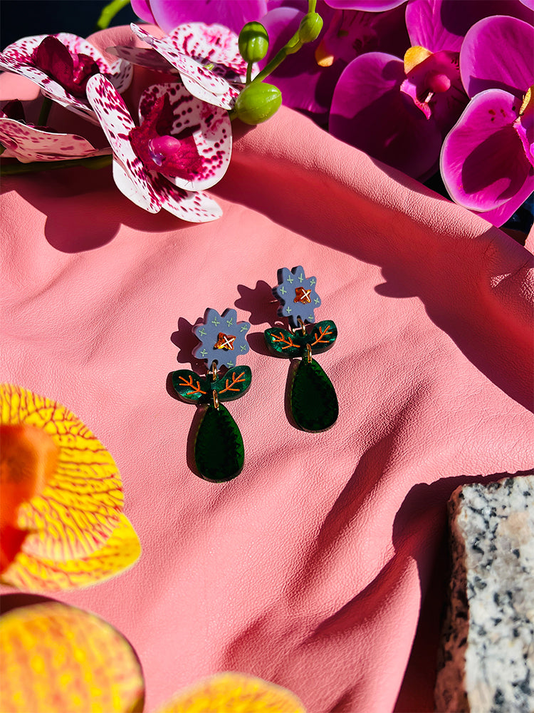 Elegant handmade earrings Crazy Quilt Bloom Midi in Blue, inspired by traditional embroidery for those who seek a distinctive, refined style - styled shot