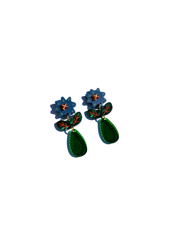 Elegant handmade earrings Crazy Quilt Bloom Midi in Blue, inspired by traditional embroidery for those who seek a distinctive, refined style - top view