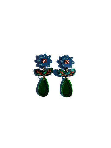 Handmade earrings Crazy Quilt Bloom Midi in Blue, inspired by intricate embroidery, adding a unique touch of style to your look - top view