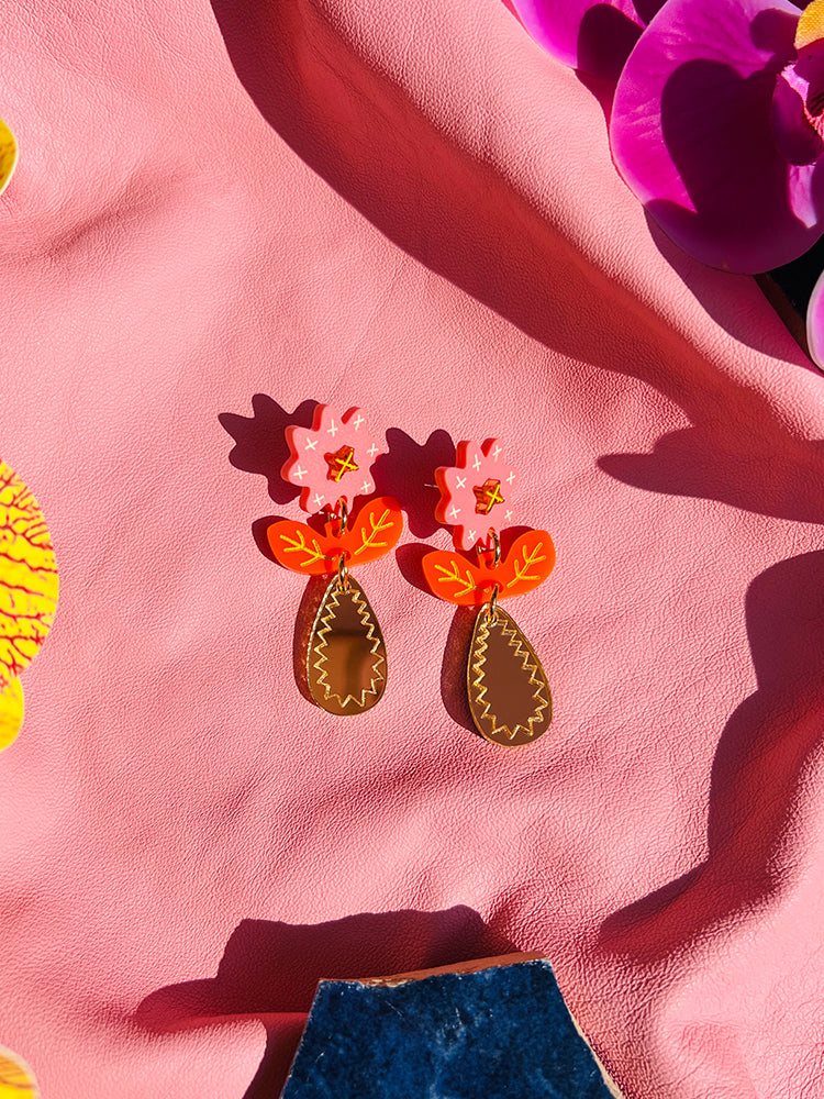 Crazy Quilt Bloom | Midi | Pink & Orange - Handmade Earrings, showcasing a bold and artistic design, perfect for those who love colourful charm jewellery - styled shot