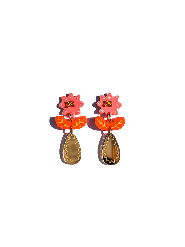 Crazy Quilt Bloom | Midi | Pink & Orange - Handmade Earrings, featuring bold pink and orange hues, perfect for adding a pop of colour to any event or celebration - top view