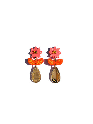 Crazy Quilt Bloom | Midi | Pink & Orange - Handmade Earrings, featuring bold pink and orange hues, perfect for adding a pop of colour to any event or celebration - top view
