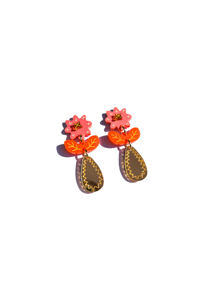 Crazy Quilt Bloom | Midi | Pink & Orange - Handmade Earrings, a vibrant and artistic pair of charm earrings, ideal for making a bold statement - top view
