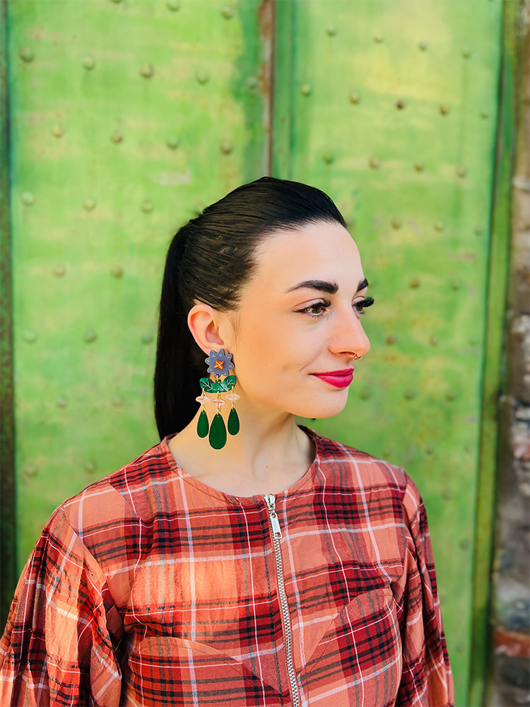 Crazy Quilt Bloom | Statement | Blue - Eye-catching handmade earrings designed to capture the beauty of bold, abstract patterns - photo model - Italy 