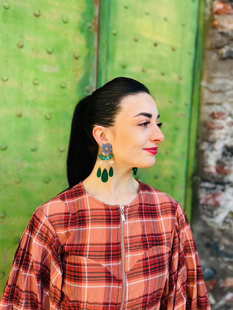 Crazy Quilt Bloom | Statement | Blue - A statement pair of handmade earrings, combining elegance and modern artistry in a striking design - photo model - Italy