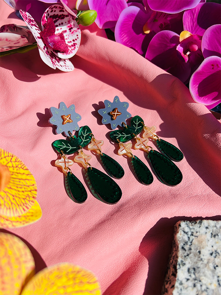 Crazy Quilt Bloom | Statement | Blue - These handmade earrings feature a stunning floral design, perfect for adding elegance to any outfit - styled shot 