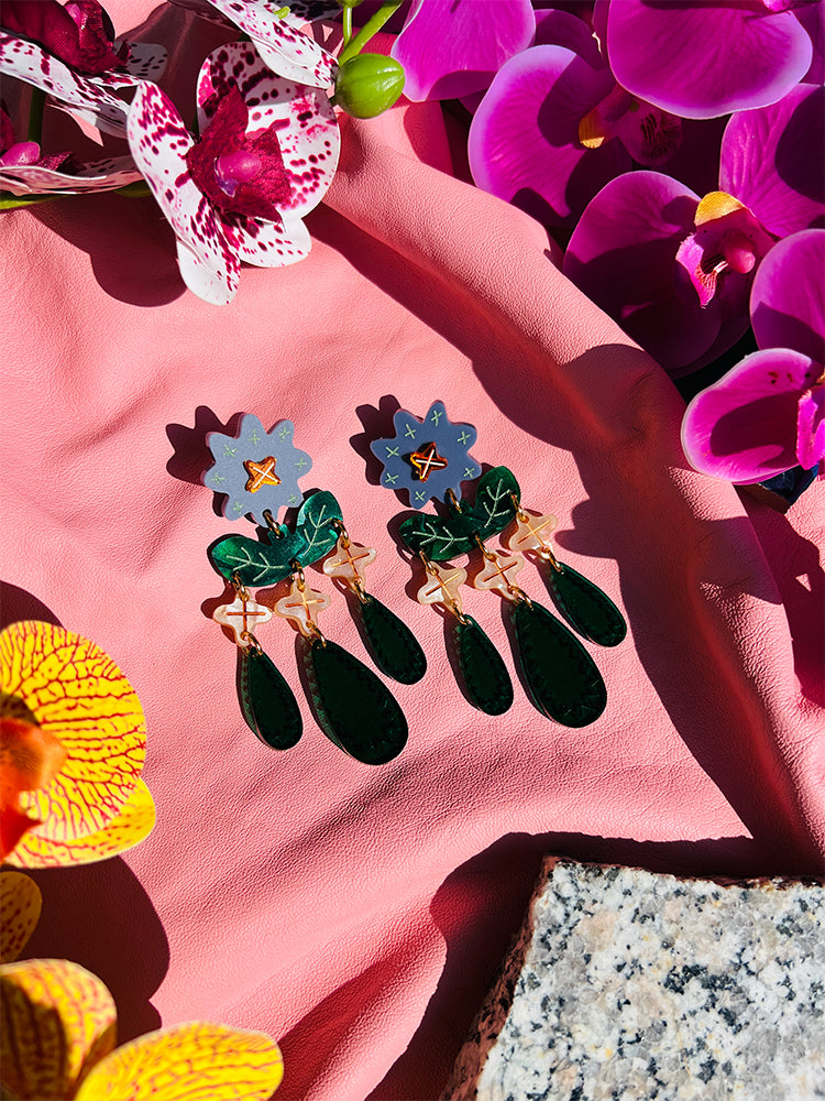 Crazy Quilt Bloom | Statement | Blue - Handmade earrings with a vibrant statement design, ideal for adding character to your jewellery collection - styled shot 