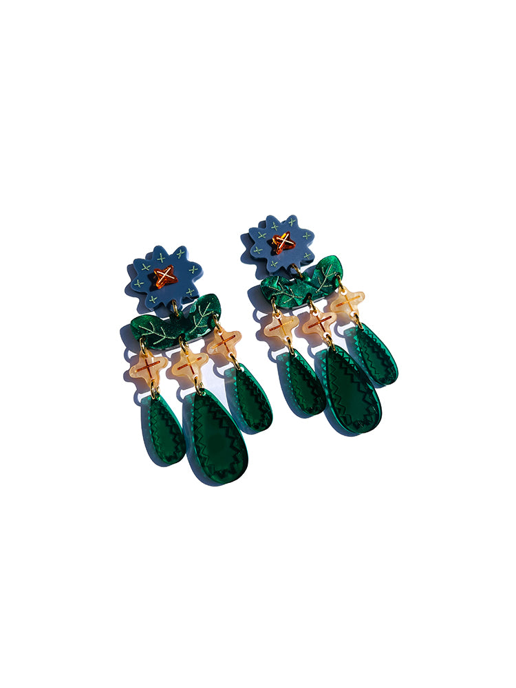 Crazy Quilt Bloom | Statement | Blue - Statement earrings with a floral touch, hand-designed for a refined and artistic addition to your accessories - top view