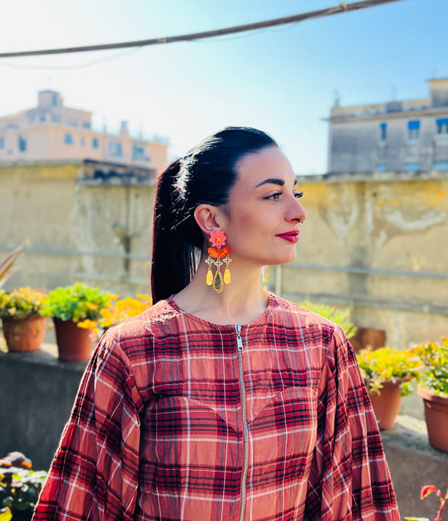 Texas Fields | Crazy Quilt – Vibrant handmade earrings that combine artistic craftsmanship with bold patterns, making them a standout accessory - photo model - Italy 