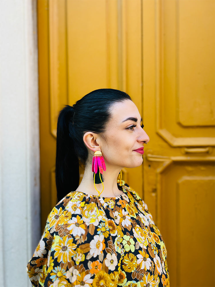 Daisy Daze tasseled earrings, crafted with inspiration from blooming gardens for a touch of whimsy - photo model 