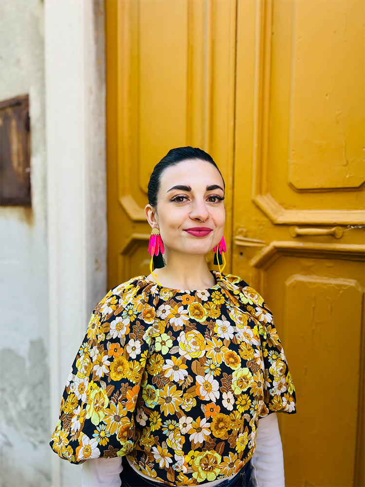 Daisy Daze handmade earrings, inspired by blooming flowers and designed for standout style - photo model - Italy 