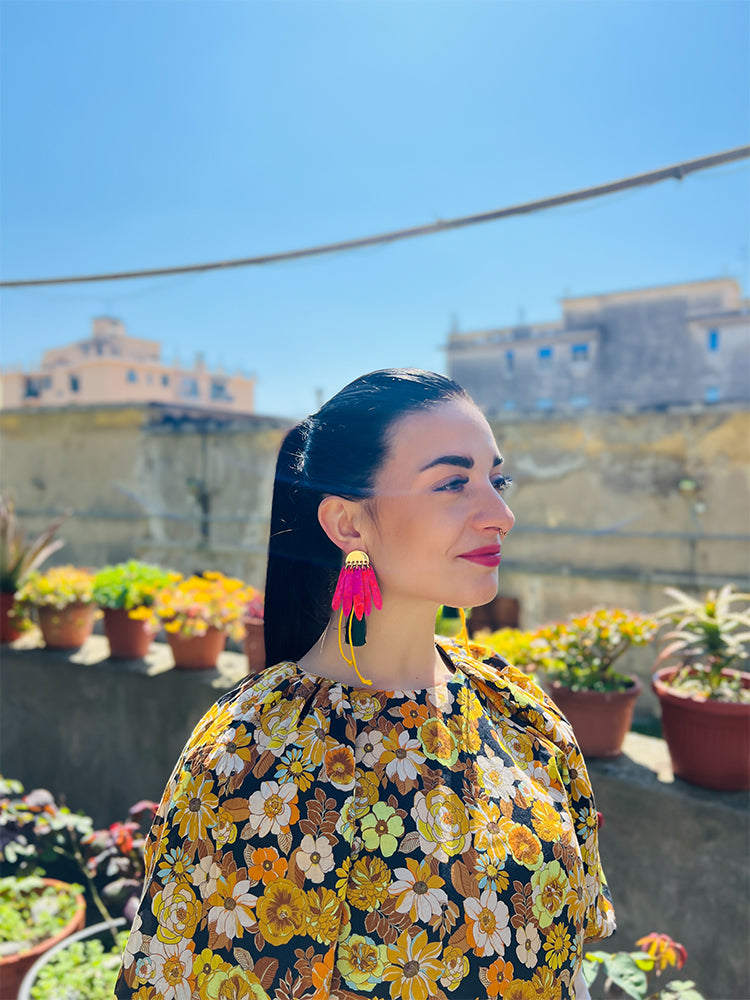 Daisy Daze handmade bloom earrings, a fun and vibrant accessory with a modern twist - photo model - Italy 