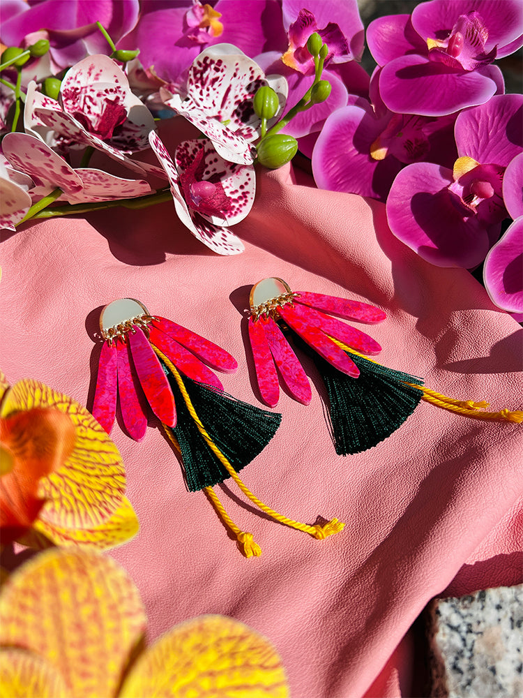 Daisy Daze pink tasselled earrings, handmade for those who adore unique and lively jewellery - styled shot 