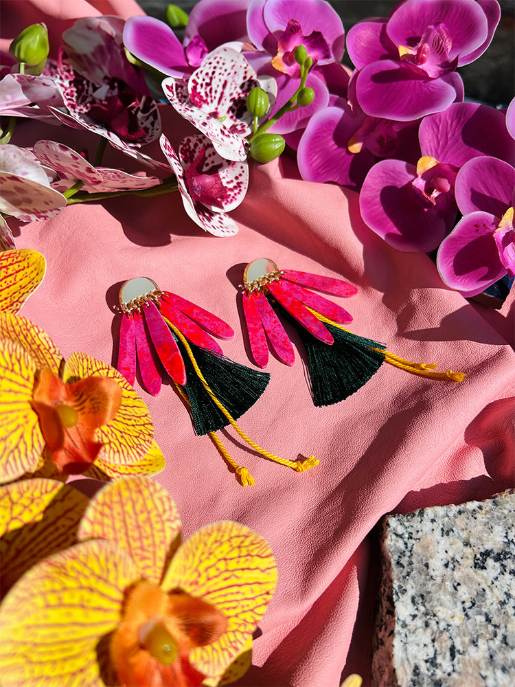 Daisy Daze bloom-inspired tassel earrings, an artistic accessory for playful and bold looks - styled shot 