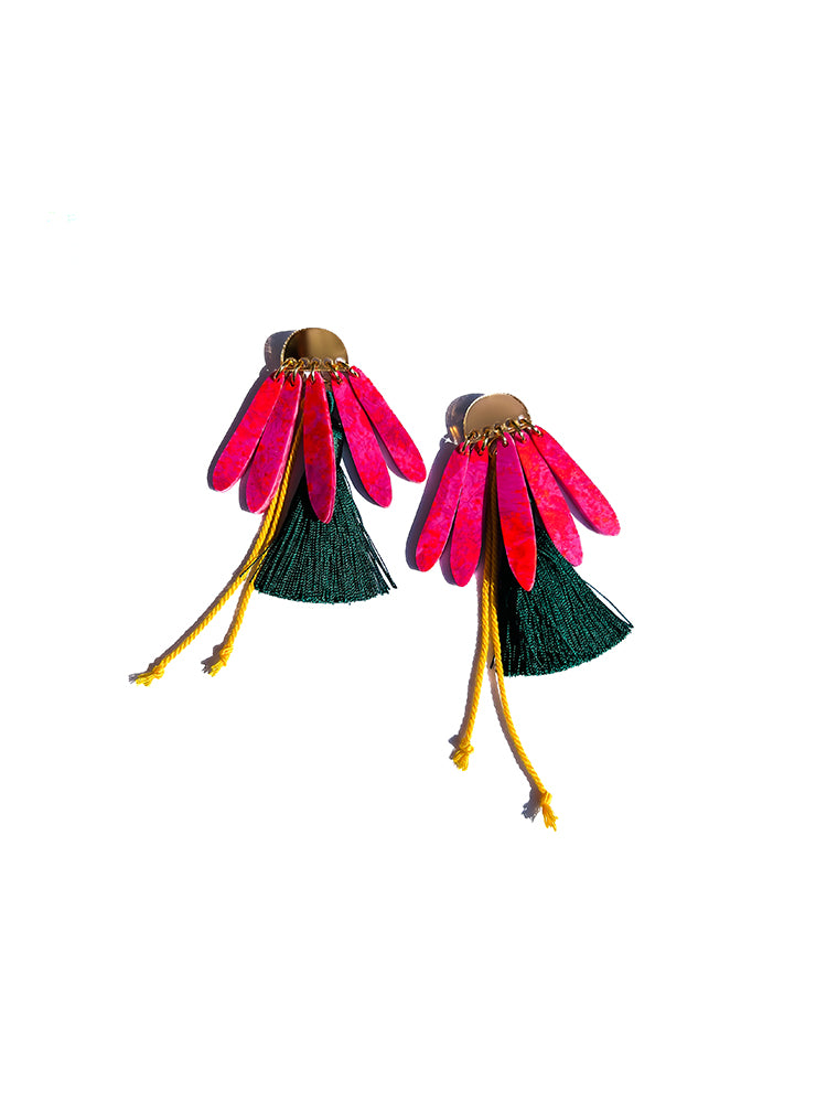 Daisy Daze earrings with pink tassels, a perfect mix of bold style and delicate charm - top view
