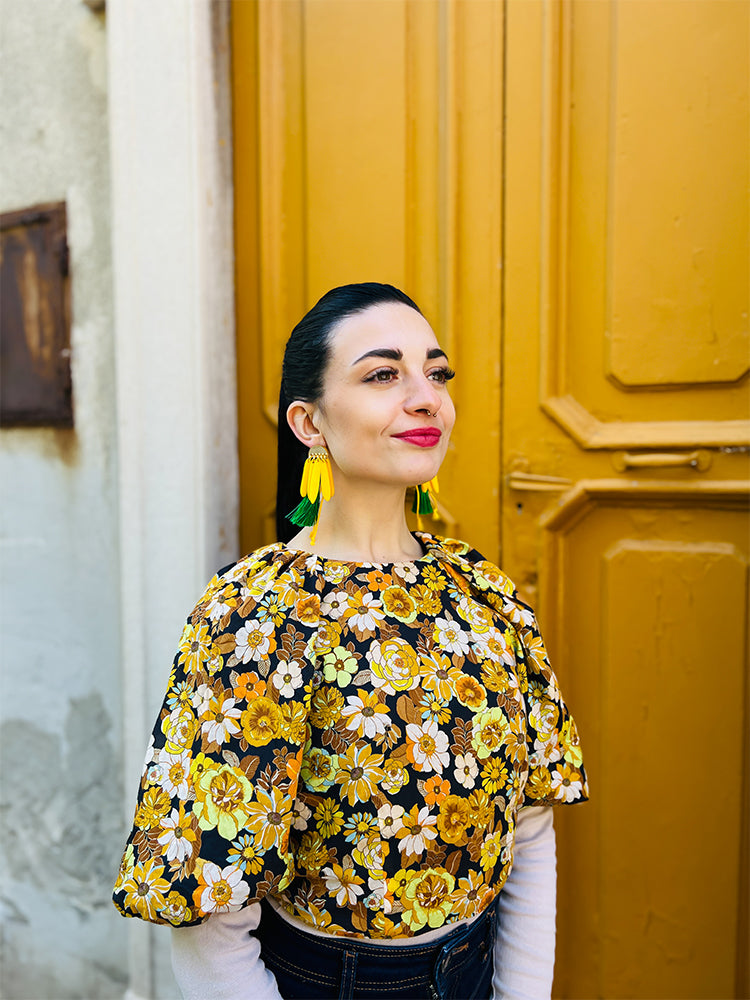 Daisy Daze | Yellow – Handmade earrings designed to capture the beauty of blooms with bold tasselled accents - photo model - Italy 